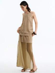 Aalyst Women Elegant Backless Halter Crop Top & Mini Skirt 2Pcs Set, Summer - Khaki - View 3