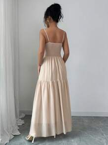 Elenzga 女士优雅亮片拼接无袖连衣裙，夏季 - 杏色 - 查看 2