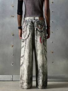 NEON BLANC Men Street Style Chain Print Personalized Pants, Streetwear-Inspired, Fall - White - View 3