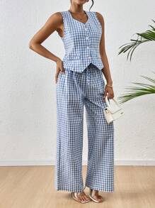Chiquease Women's Casual Resort Style Square Neck Single Breasted Sleeveless Jacket And Wide Leg Pants Set - Blue and White - View 3