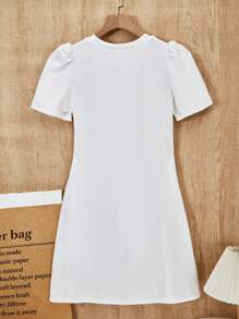 SHEIN 1pc Tween Girls Bow Decor Peplum Short Sleeve Dress, Loose Fit, Spring/Summer - White - View 2