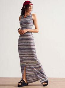Bohemela Women Colorful Striped Open-Back Backless Slit Hem Knit Dress - Multicolor - View 3