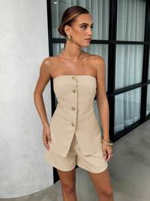 Lavishia Women Single-Breasted Floral Button Camisole Top & Shorts Set, Elegant Summer - Khaki - View 3