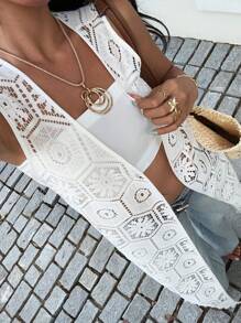 Sunnyshic 白色针织嵌花优雅性感层叠开衫镂空蕾丝刺绣流苏设计无袖欧美风