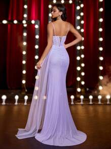 Glamrae Elegante vestido de noche de lavanda con lujosos detalles de lentejuelas, escote de tirantes finos, cuello con rhinestones, cintura con cinta de espina de pescado transparente y ajustable para citas, vacaciones, cumpleaños, fiestas, bodas, graduaciones y San Valentín - Púrpura malva - Ver 4