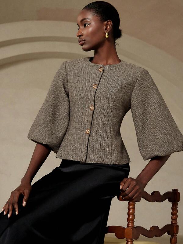 Aveloria Rosie Elegant Retro French Style Women's Romantic Date Luxury High-End Design Herringbone Round Neck Cropped Balloon Sleeve Cinched Waist Matel Button Blazer Jacket