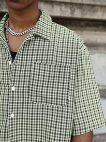 PAVTROS Manfinity Streetrush Men's Short Sleeve Boxy Silhouette Cut-Off Edge Woven Checkered Printed Button-Up Shirt Y2k Jacket Men Cropped Men's Shirt Men's Cropped Shirts Men Cropped Button Up Streetwear Men Shirts,Street Wear - Multicolor - View 5