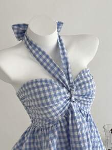 Elamini Spring/Summer Blue Plaid Ruched Cropped Tie Front Camisole - Blue - View 1