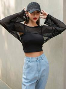 DAZY Drop Shoulder Super Crop Top Without Cami Top Festival Sheer Long Sleeve Women Tops,Fall Women Clothes