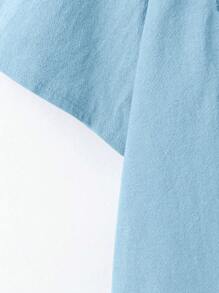 Linhara Plus Size Women Plain Linen-Look Round Neck Embroidered 3/4 Sleeve Casual Shirt - Baby Blue - View 5