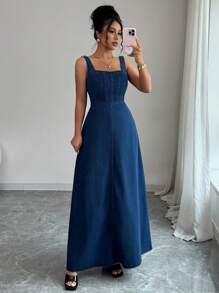 Elenzga 女式休闲无袖加长牛仔连衣裙，夏季 - 深色水洗藍 - 查看 6
