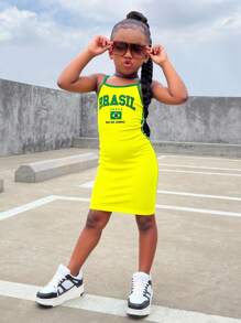 فستان عادي للفتاة الصغيرة بطبعة حرف البرازيل على الحزام، مجموعة متطابقة لأمي وابنتها (تباع القطعتان بشكل منفصل)