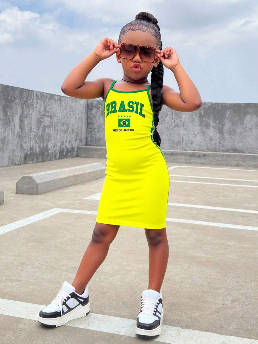 فستان عادي للفتاة الصغيرة بطبعة حرف البرازيل على الحزام، مجموعة متطابقة لأمي وابنتها (تباع القطعتان بشكل منفصل)