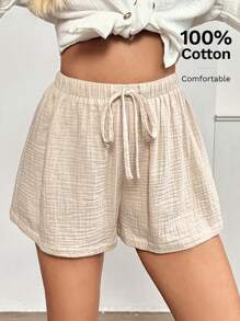 Easowa 教师女士休闲舒适松紧腰棉质短裤，适合日常休闲和复古，夏季可爱短裤宽松短裤夏季短裤舒适短裤低腰短裤女士沙滩短裤 - 杏色 - 查看 2