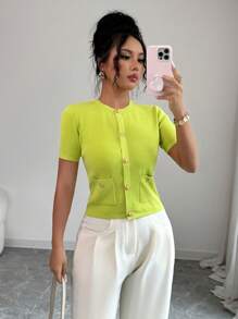 Elenzga Simple Solid Color Short Sleeve Cardigan, Casual Summer