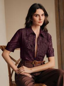 Anewsta 优雅现代假日/度假透明蕾丝边衬衫，适合春季、夏季、节日、毕业典礼 - 酒紅色 - 查看 3