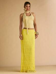 SHEIN BAE 夏季女款黄色纹理褶皱半身裙 - 黃色 - 查看 5