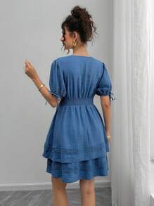 SHEIN Maternity V-Neck Patchwork Puff Sleeve Dress - Blue - View 2
