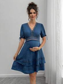 SHEIN Maternity V-Neck Patchwork Puff Sleeve Dress - Blue - View 3