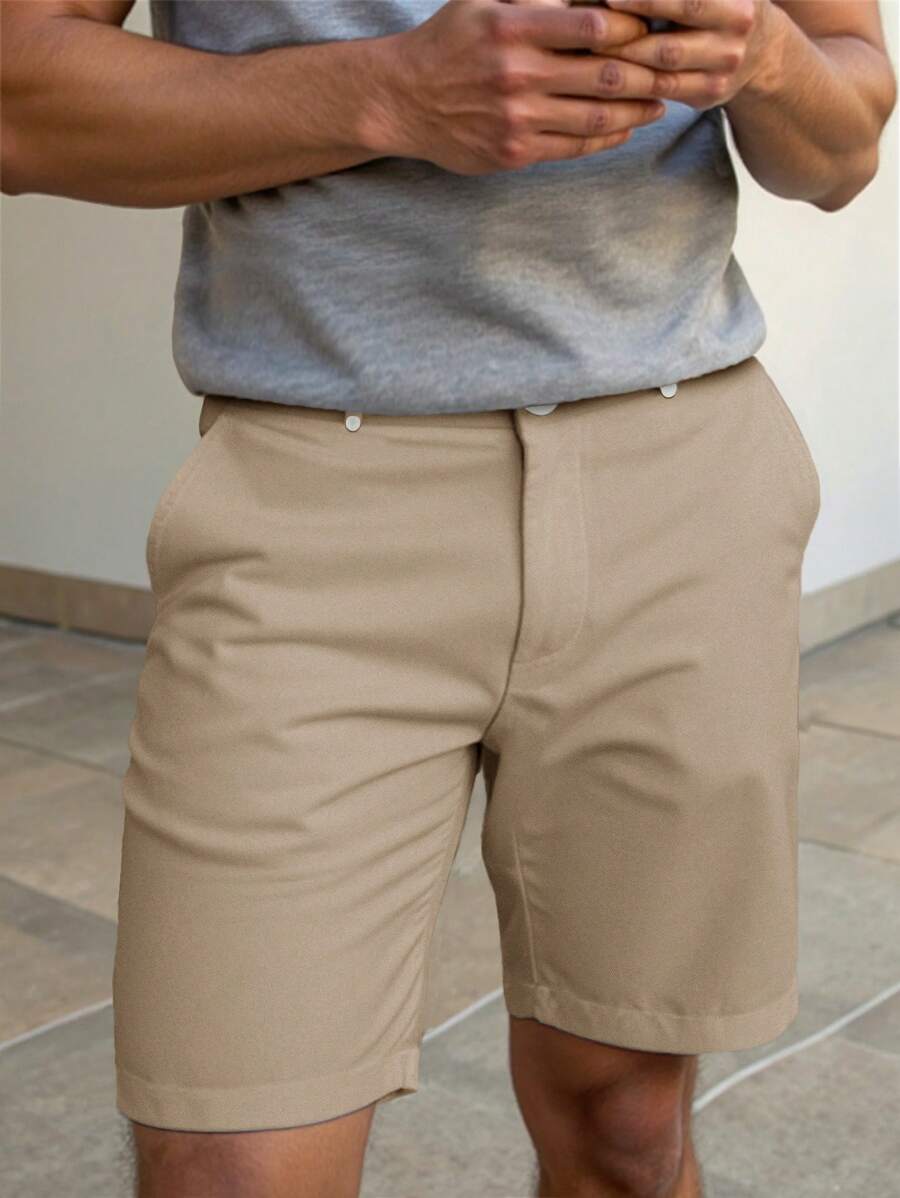 Manfinity Homme 男士纯色休闲直筒修身短裤，带口袋，男士卡其色短裤，男士正装短裤，男士长款短裤，适合男士。送给男朋友或丈夫的绝佳礼物。 - 卡其色 - 查看 1