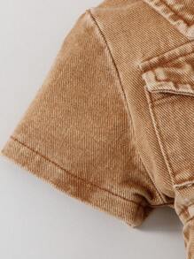 女婴优雅时尚休闲简约牛仔短袖连体衣搭配渔夫帽套装，夏季 - 卡其色 - 查看 4