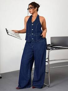 Jeanoix Plus Size Women's Denim Camisole Tank Top Spaghetti Strap Vest - Dark Wash - View 5