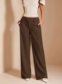 SHEIN BAE 女士纯色奶油白色阔腿裤，休闲低腰裤，适合日常、度假、办公室穿着，春夏季 - 咖啡棕 - 查看 1