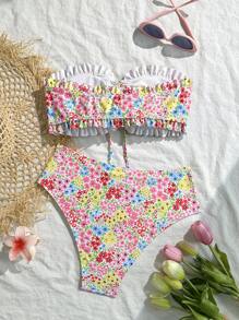 SHEIN Swim 女士两件套海滩度假装：可爱碎花荷叶边抹胸上衣和珍珠装饰抽绳系带比基尼套装 - 彩色 - 查看 7