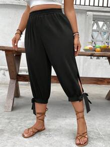 EMERY ROSE Plus Size High Waist Draw String Capri Pants, Spring & Summer - Black - View 5