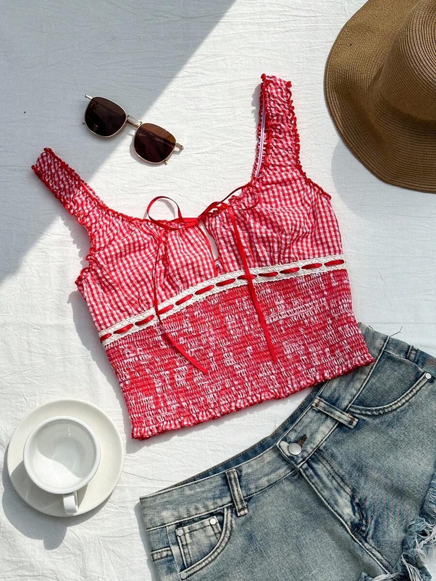 Comfortcana Women's Vacation Shirred Lace Up Plaid Patchwork Tank Top - Red and White - View 1