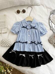 SHEIN Baby Mädchen Kleinkind Neugeborenes 0-3 Jahre Alt HochPreepy-Stil Mädchen gerüschte Schleife Puffärmel blaues gestreiftes Hemd + gefalteter Rock 2-teiliges Set, Frühling Sommer Baby Mädchen Outfit - Blau - Übersicht 5
