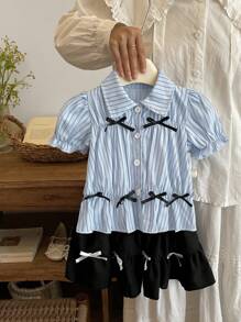 SHEIN Baby Mädchen Kleinkind Neugeborenes 0-3 Jahre Alt HochPreepy-Stil Mädchen gerüschte Schleife Puffärmel blaues gestreiftes Hemd + gefalteter Rock 2-teiliges Set, Frühling Sommer Baby Mädchen Outfit - Blau - Übersicht 6