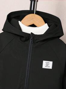 SHEIN 2件組小男孩休閒日常舒適貼布口袋連帽外套與純色慢跑長褲套裝，適合外出、學校、聚會，適用秋冬季節，黑色男孩套裝，男孩休閒套裝，男孩冬季衣著套裝，秋季 - 黑色 - 查看 5