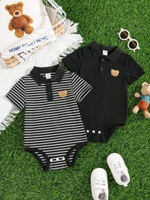 SHEIN 2件套新生男宝宝休闲学院风针织黑白条纹短袖polo衫套装，适合生日派对、晚宴、演出、婚礼、满月、洗礼和一周岁生日庆祝活动，男宝宝连体衣套装，男宝宝服装，黑色条纹连体衣 - 黑色 - 查看 5