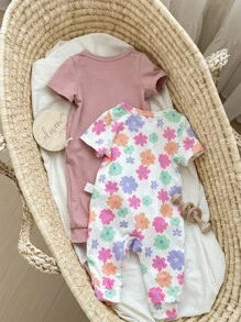 2pcs/Set Newborn Baby Girl Cute Casual Floral Knitted Jumpsuit With Short Sleeves Graphic - Multicolor - View 2