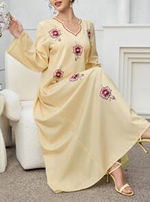 Al Najma Yellow Printed Loose Fit Turkish & Arabian Style Traditional Long Kaftan For Women - Yellow - View 1