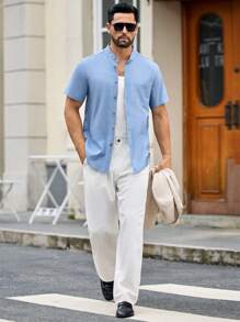 Manfinity VCAY Men's Woven Shirt With Pockets, Button Front And Short Sleeves - Blue - View 5