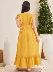 SHEIN Tween Girl Casual Holiday Ruffle Cap Sleeve Round Neck Splice Dress, Woven Fabric, Long Style - Yellow - View 6