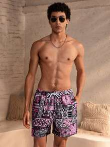 Manfinity VDAYZ Plus Size Men's Geometric Print Drawstring Waist Beach Shorts (Uneven Print) Matching Swimwear For Couples, Beachwear For Couples Swimwear - Burgundy - View 3