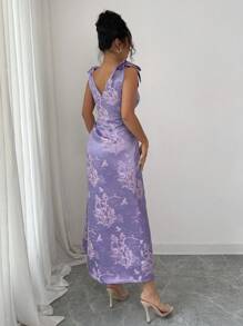 Rafferiza 女士优雅长款修身连衣裙，光滑丝滑舒适面料，刺绣花卉图案，适合晚间场合 - 紫色 - 查看 2