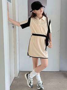 DAZY Girls Fall Outfit: Contrast Collar Short Sleeve T-Shirt + Skirt Fashion Set, Summer - Khaki - View 2