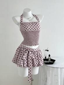 Elamini Bộ 2 món dành cho nữ, Phong cách đường phố Boho, Cổ yếm thắt nút, Họa tiết chấm bi - Hồng - Xem 5