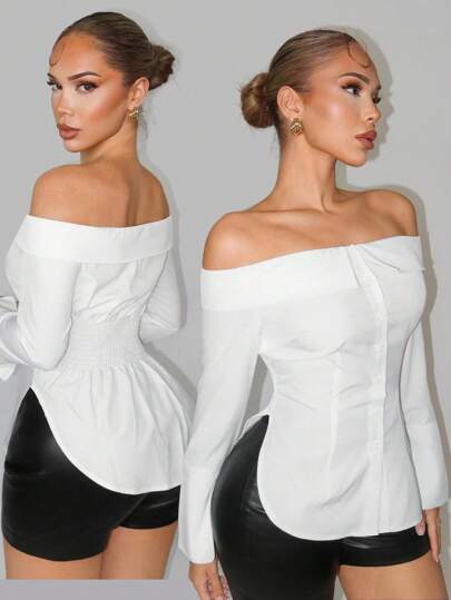 Sirith Blusa elegante y casual sexy con hombros descubiertos y ajustada con bajo dividido, adecuada para salir, citas