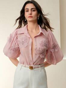 Anewsta Women's Elegant Floral Applique Pink Blouse, Romantic Valentine's Day Summer Holiday - Pink - View 4