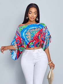 SOLERSUN 女式休闲不对称领口抽绳衬衫，带有随机花卉印花 - 粉色 - 查看 5