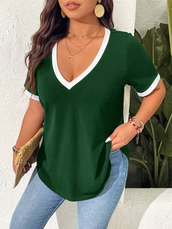 SHEIN Frenchy Camiseta de manga corta con bloque de color y ribete para tallas grandes de uso casual en verano