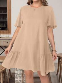 2026 New vestidos casual  Vestido corto negro básico de manga corta, cómodo y holgado, de moda casual para mujer de talla grande, para primavera y verano, estilo "Old Money", vestidos de igl - Albaricoque 2 - Ver 4