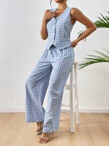 Chiquease Women's Casual Resort Style Square Neck Single Breasted Sleeveless Jacket And Wide Leg Pants Set - Blue and White - View 5