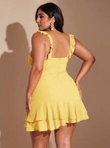 SHEIN BAE Plus Size Women's Elegant Romantic Sexy V-Neck Sweet Cute Versatile Date Night Red Ruffle Hem Mini Dress, Casual Short Dress For Beach Vacation Party,Flowy Dress - Yellow - View 6