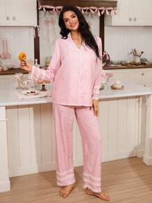 甜美浪漫蝴蝶结条纹印花蕾丝边女式睡衣套装 - 粉色 - 查看 6